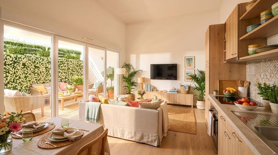 Pièce de vie d'un logement en rez-de-chaussée ouverte sur sa terrasse