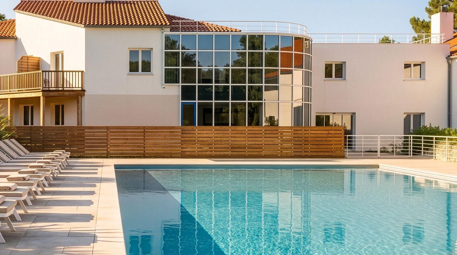 La résidence côté piscine : façade blanche, verrière et balcons en bois